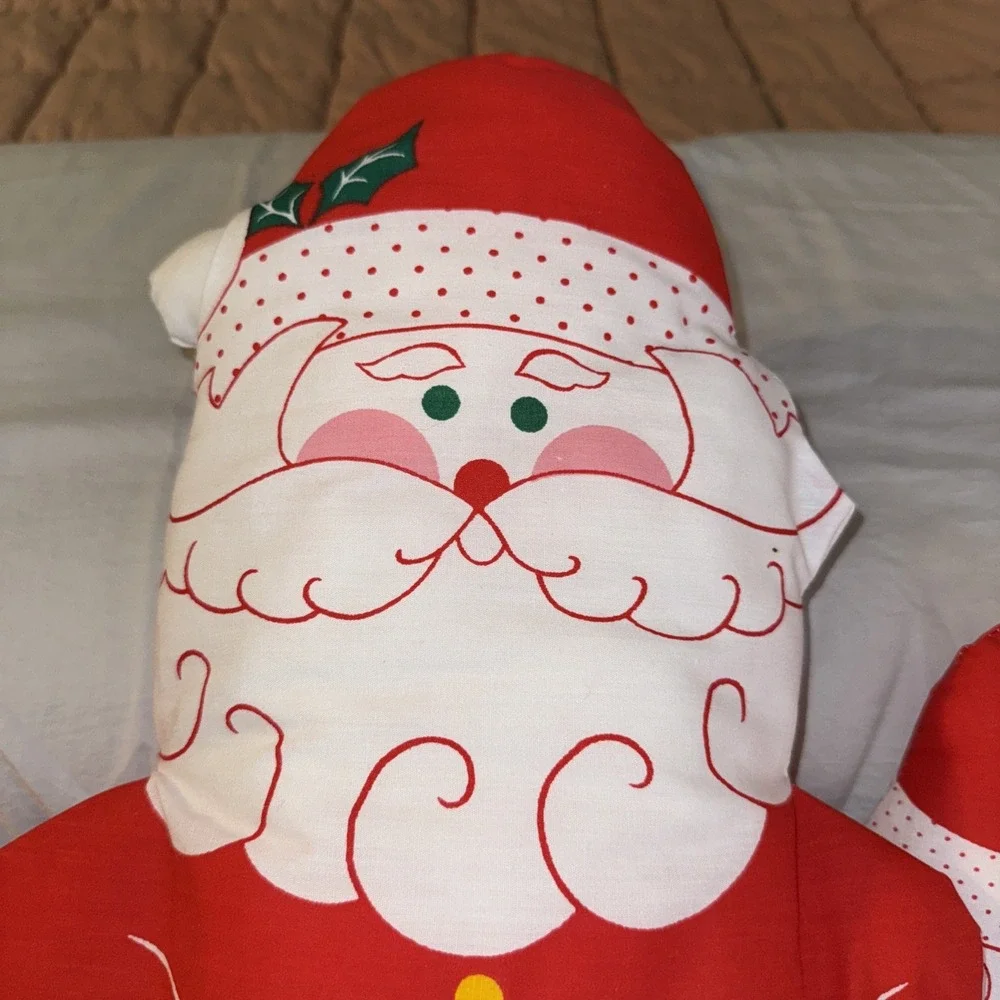 2 Vtg Fabric Handmade Stuffed Santa Pillows For Chair Or Shelf